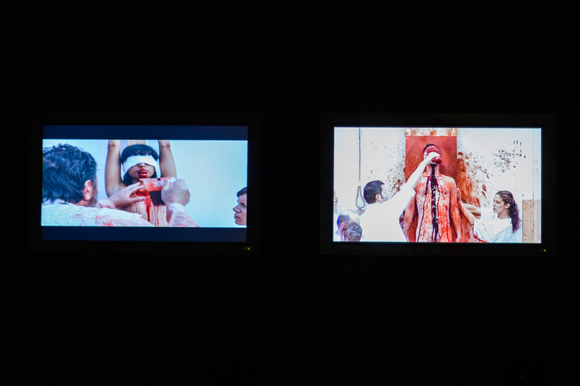 Hermann Nitsch, videos 122. Aktion (2005), The Making Of: Mit Leib und Seelen (2010) and 130. Aktion (2010), exhibition view at the VENICE INTERNATIONAL PERFORMANCE ART WEEK 2012.