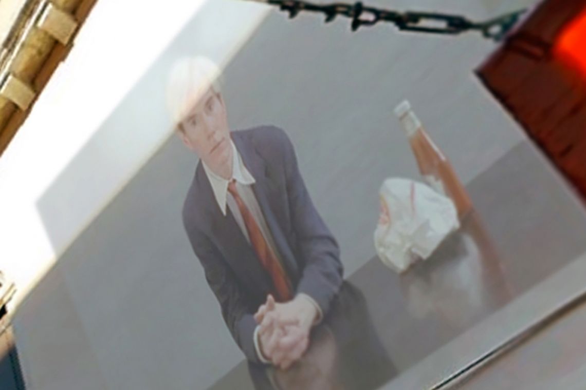 Andy Warhol / Jørgen Leth. Exhibition view of the video Andy Warhol eating a Hamburger from the film 66 Scenes from America (1982) at the III Venice International Performance Art Week 2016. Image © VestAndPage