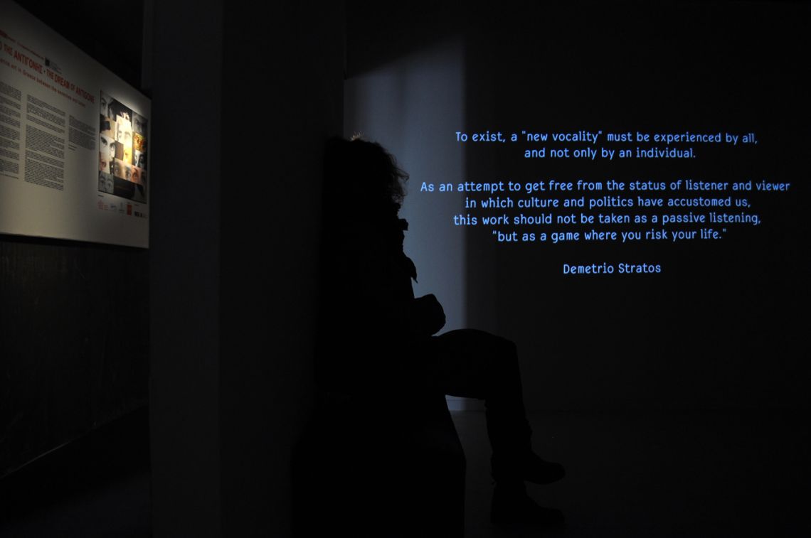 Exhibition view of the documentary La Voce Stratos (2009) by Luciano D'Onofrio & Monica Affatatoat the III Venice International Performance Art Week 2016. Image © We Exhibit