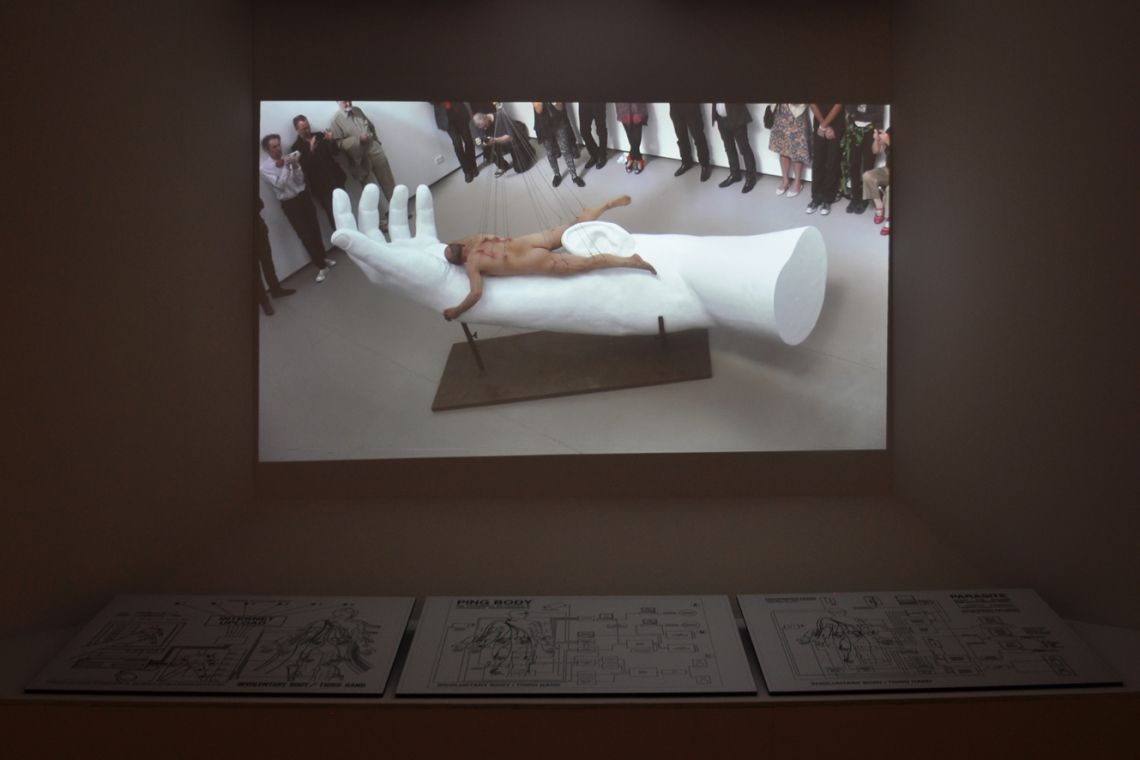 Stelarc. Exhibition view of the video of the performance Ear On Arm Suspension at the III Venice International Performance Art Week 2016. Photograph by We Exhibit